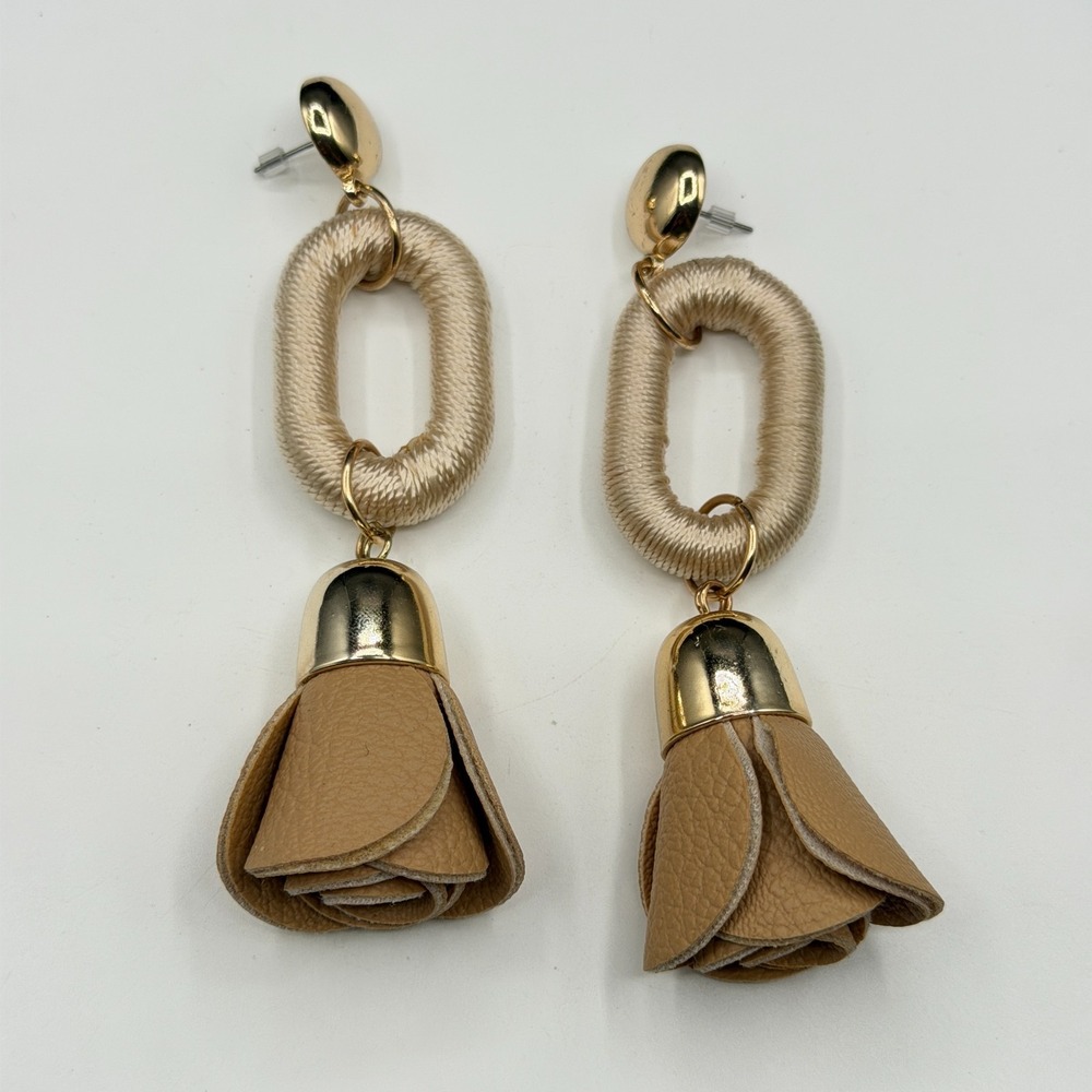 Gold Tone Beige Leather Rose Flower Drop Earrings Statement Dangle Boho Gift